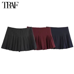 TRAF 2024 Pleated Skirt Shorts for Women Summer Boxer Shorts Women Holiday Mid Waist Skort for Women Basic Casual Women's Shorts