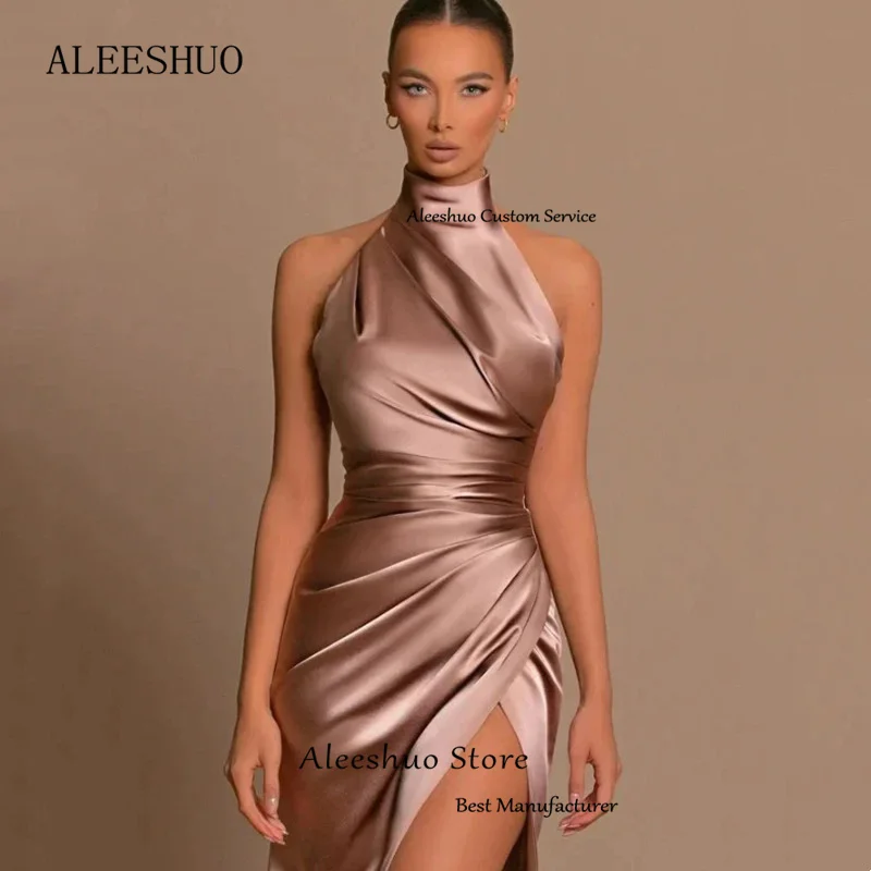 Aleeshuo Elegant Long Pleated Evening Dress Satin Mermaid Halter High Side Slit Sleeveless Floor Length Formal Party Dress