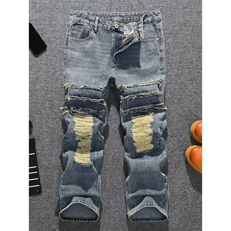 Marca de moda americana retro nostálgico solto perna reta jeans rasgados para homens, babados de rua e calças de perna larga elegantes