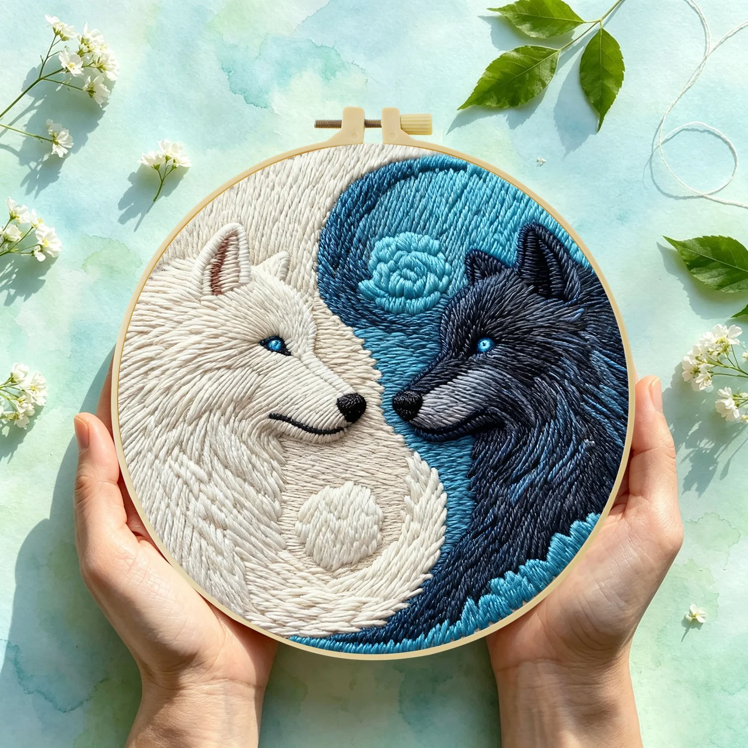 Yin Yang Wölfe, 1 Stück, DIY-Stickmaterial-Set für Anfänger, Stick-Starterset, Kreuzstich-Kunst als Geschenk, Handarbeits-Set.