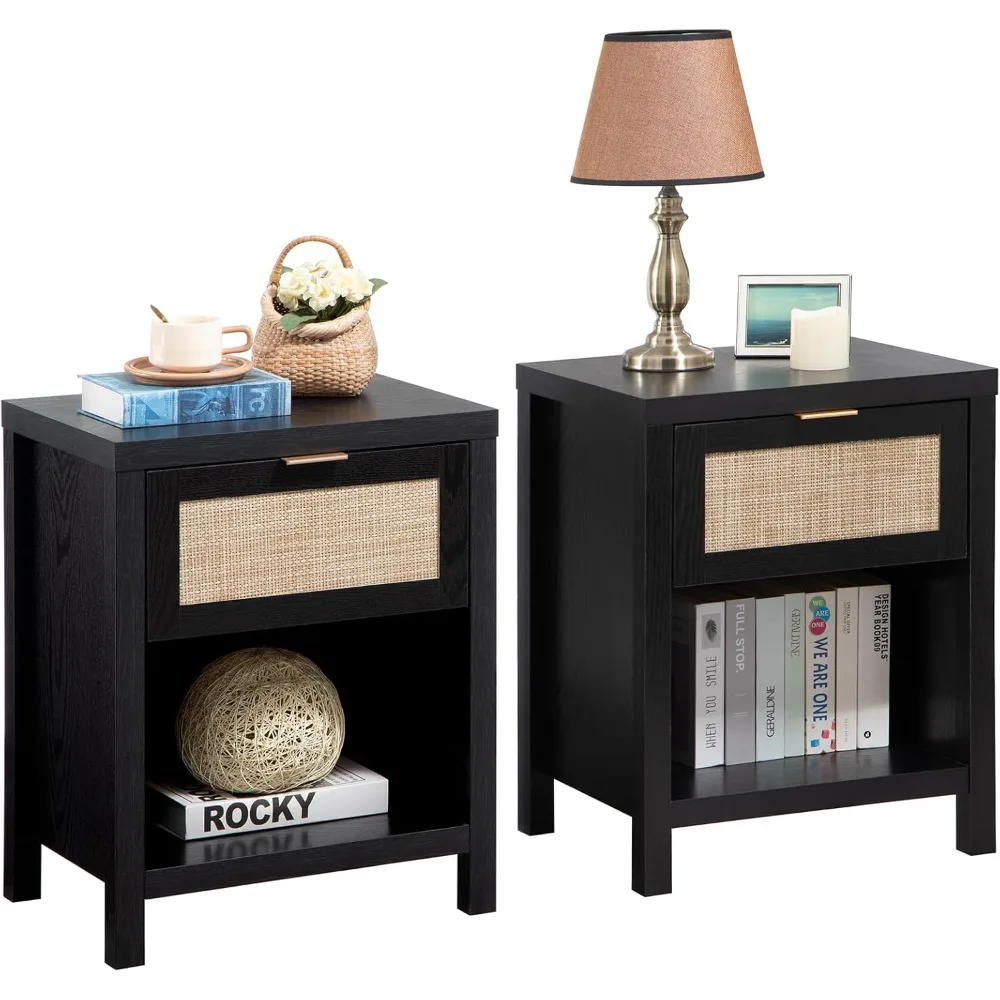 Pair of Rustic Farmhouse Nightstands with Drawer and Shelf, Bohemian Style Bedside Tables for Bedroom Storage