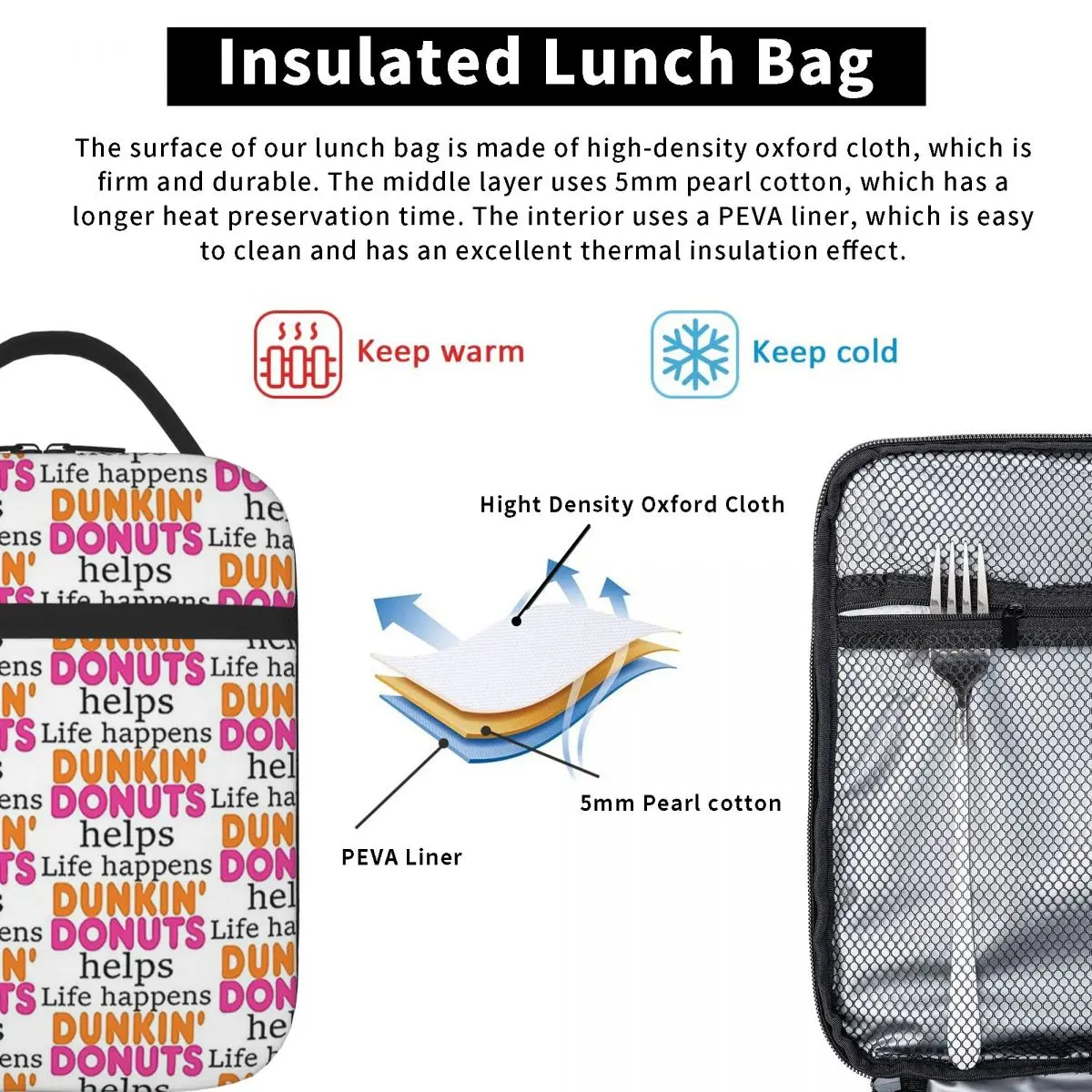 Life Happens... Dunkin Donuts Helps Lunch Bags Insulated Bento Box Portable Lunch Tote Leakproof Picnic Bags Cooler Thermal Bag