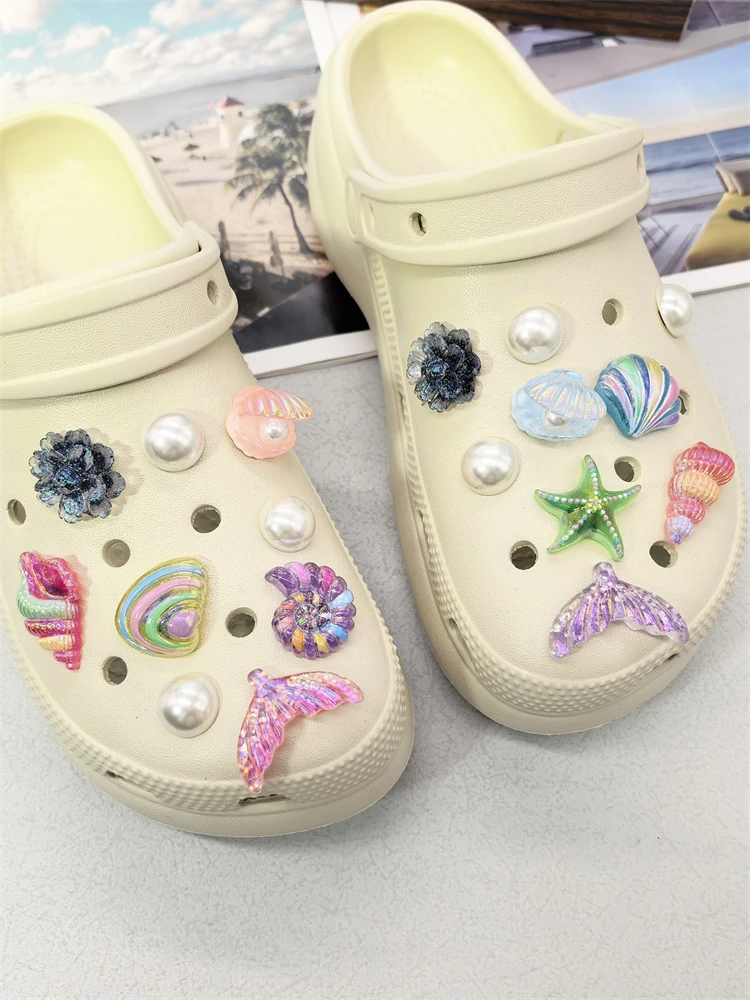 18-teiliges Set Muschel- und Seestern-Schuhclips aus ABS, Meerjungfrauenschwanz-Schuhverzierungen, DIY-Dekorationen, Lustige Blumen-Clogs-Schuhclips – Detail 11