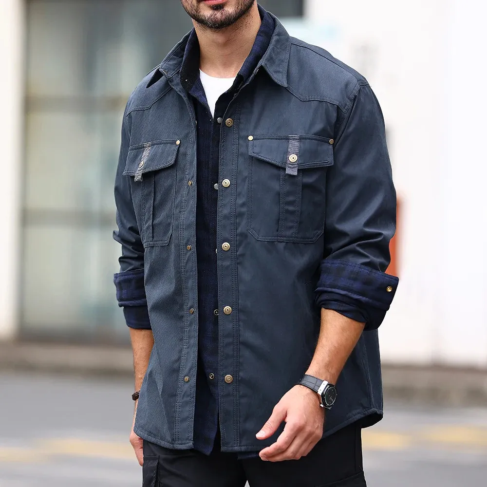 

Men's Jackets Windproof Bomber Casual High Quality Overshirt Western Cowboy Coat Flannel Plaid Lining Clothes US Size