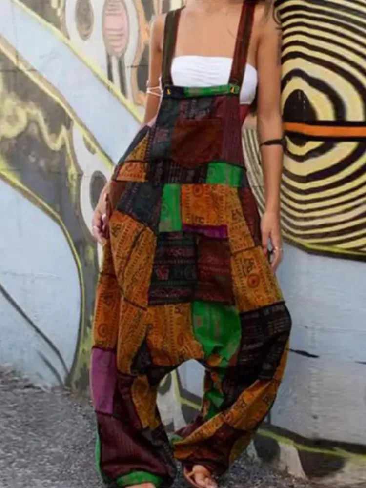 موضة المرقعة الحمالات بنطلون بذلة للنساء الهيب هوب المرقعة العرقية طباعة فضفاض سراويلي حريمي الشارع السروال القصير الإناث