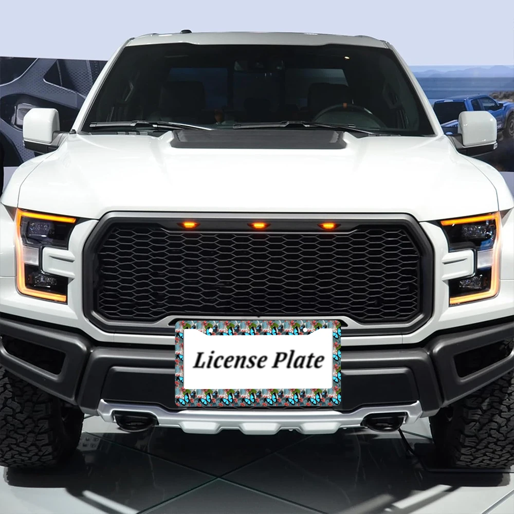 1 قطعة إطار لوحة ترخيص بفتحتين على شكل فراشة زرقاء وتوت، مادة ألومنيوم، 6 × 12 بوصة مع مجموعة براغي، مبتكرة قديمة