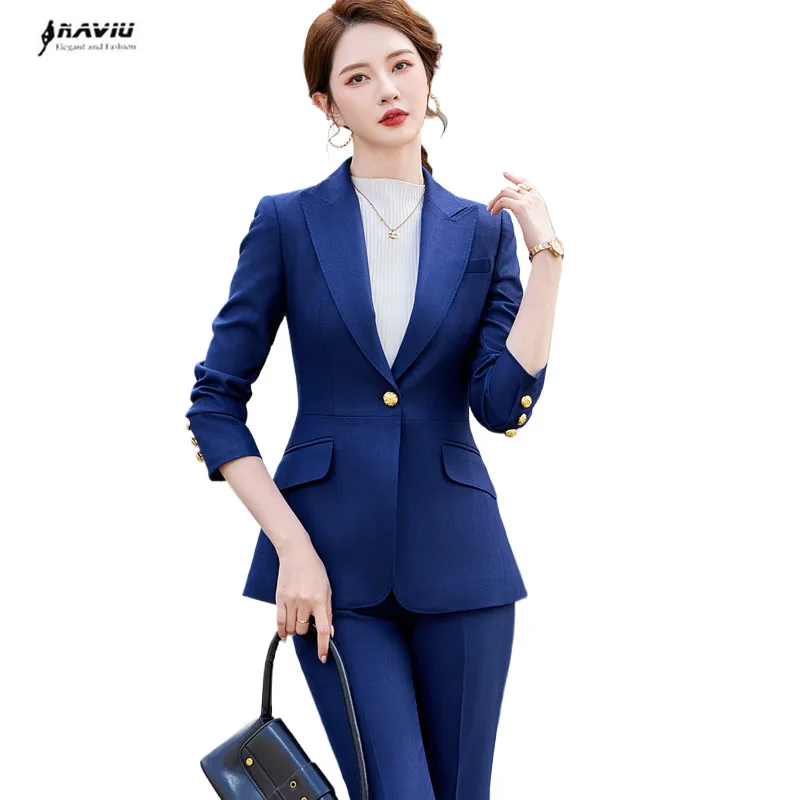 NAVIU Navy Blue Women Suits Office Sets New Fashion Long Sleeve Slim Single Button Blazers Casual High Waist Flare Pants Suits