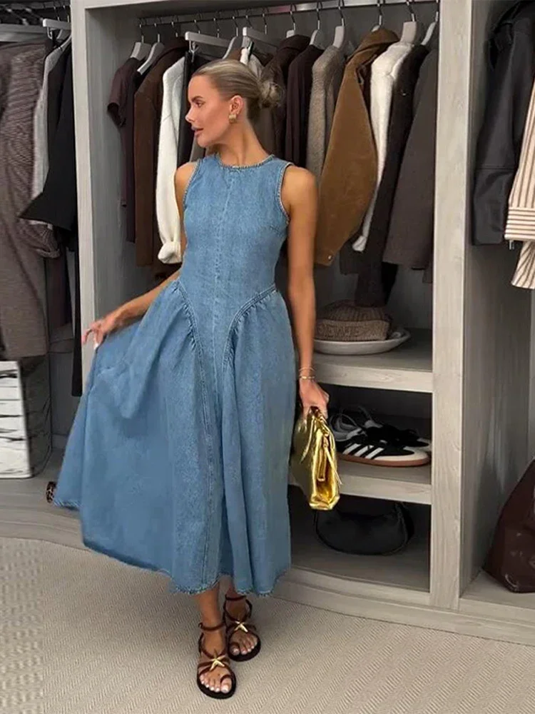 백리스 레이스업 데님 드레스 여성 우아한 O넥 민소매 하이웨이스트 플리츠 A라인 드레스 여성 여름 신상 시크 로브