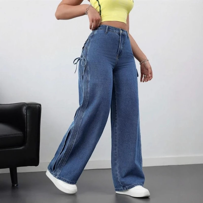 HOUZHOU Vintage Blue Jeans Women Y2k Sweet Bow Lace Up Denim Trousers High Waist Casual Baggy Straight Jeans Aesthetic