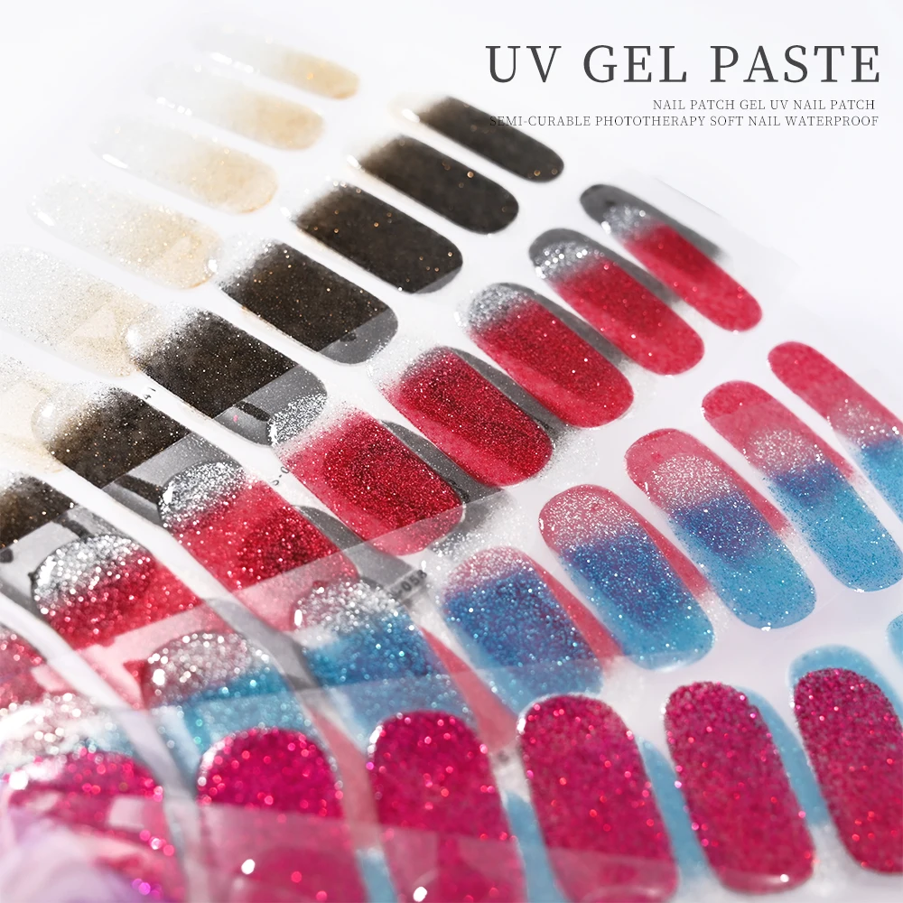 16 puntas de pegatinas de Gel UV para decoración de uñas semicuradas, 10 colores, purpurina, parche autoadhesivo a prueba de agua para uñas, envoltura de Gel para manicura de Color sólido