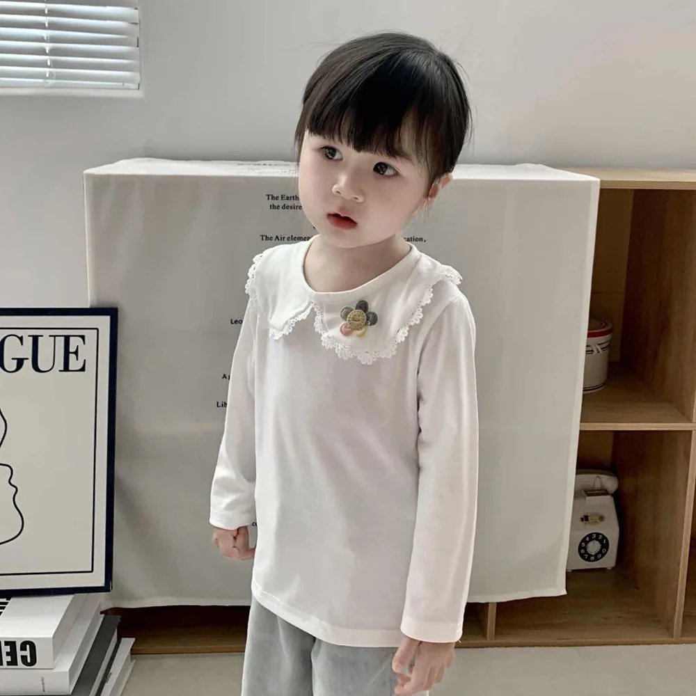 Spring Autumn Girls Pure Cotton Long Sleeve T-Shirt White Peter Pan Collar Versatile Lapel Basic Layering Top Toddler Baby Girls