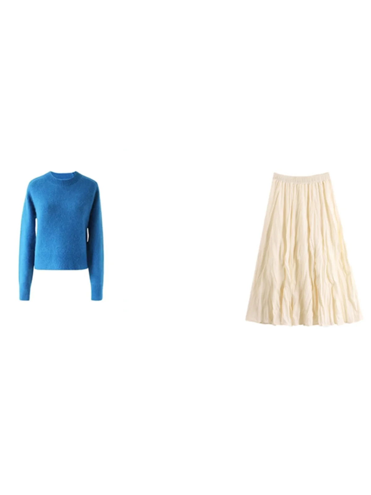 Klein Blue Women's Overhead Knitted Sweater Autumn Winter Loose round Ne Top with Beige Pleated  Skirt Two-Piece Set