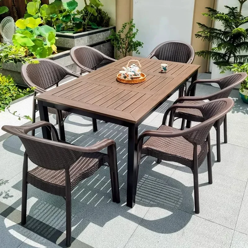 Outdoor tables and chairs courtyard imitation rattan plastic chair combination open-air villa outdoor leisure outside plastic wo