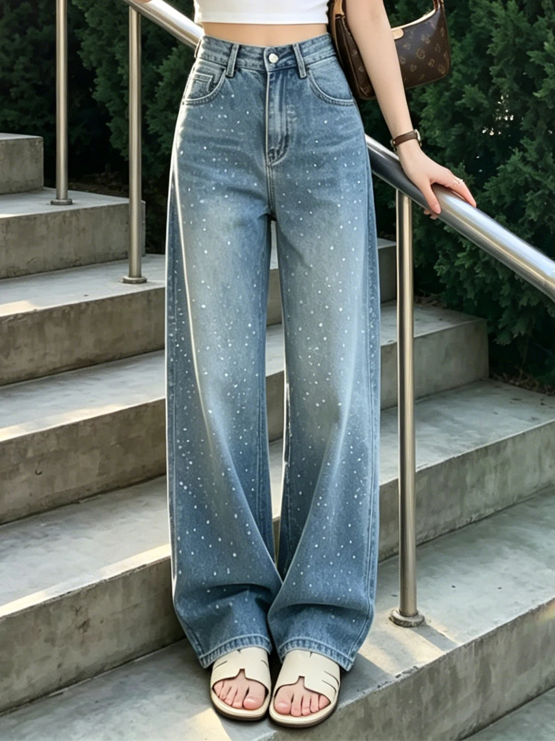 Blue Shiny Diamond Wide Leg Jeans Women's High Waist Summer New Style Small Size Straight Tube Floor-Length Pants