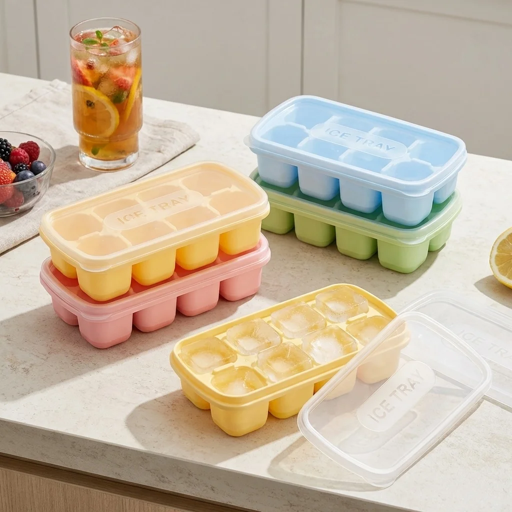 1/2/4pcs Square Plastic Ice Cube Tray With Lid 8 Grids Reusable Ice Cube Mold Refrigerator DIY Ice Maker Ice Mould For Drinks