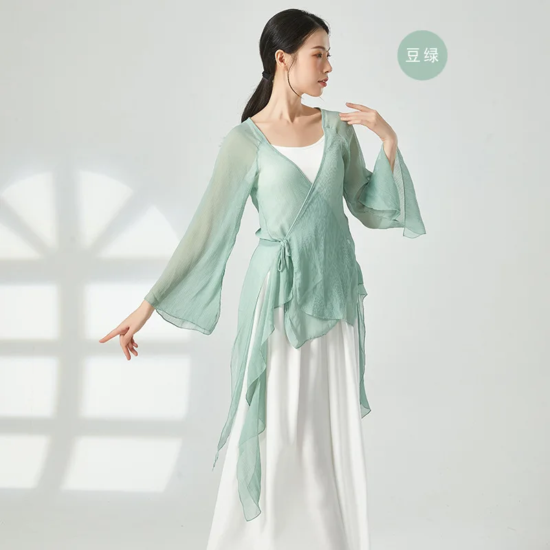 Top con maniche a tromba per danza classica Abiti da pratica Abiti da donna Top Camicia cardigan per spettacoli di danza cinese