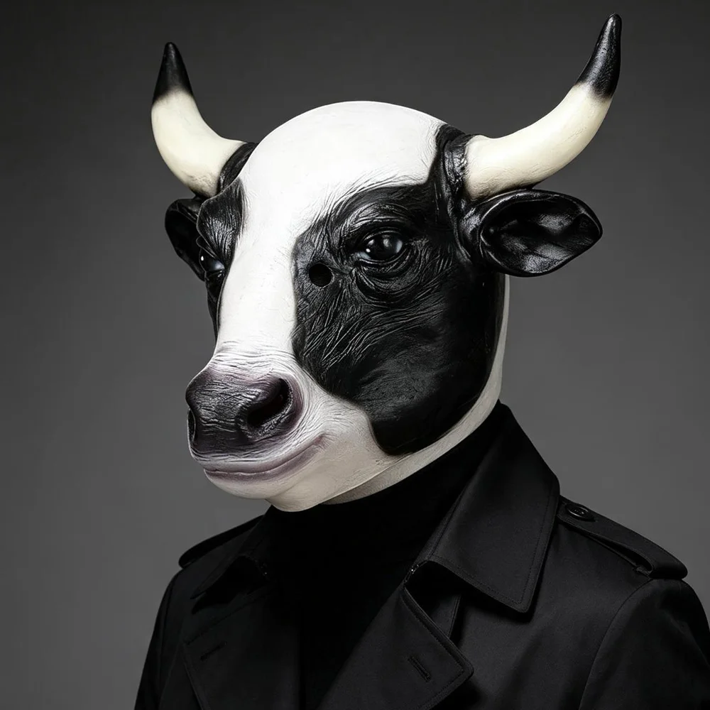 Funny Animal Cow Full Head Latex Mask Cosplay Realistic Dairy Cow Latex Helmet Halloween Carnival Dress Up Party Costume Props