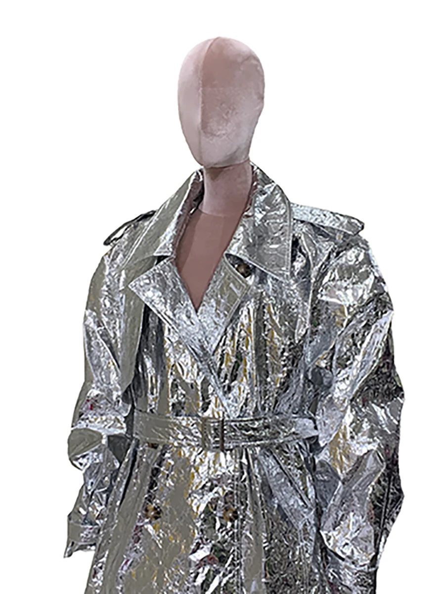 Spring Autumn Cool Oversized Shiny Silver Trench Coat for Women Belt Long Sleeve Loose Luxury Designer Clothes Y2K Streetwear