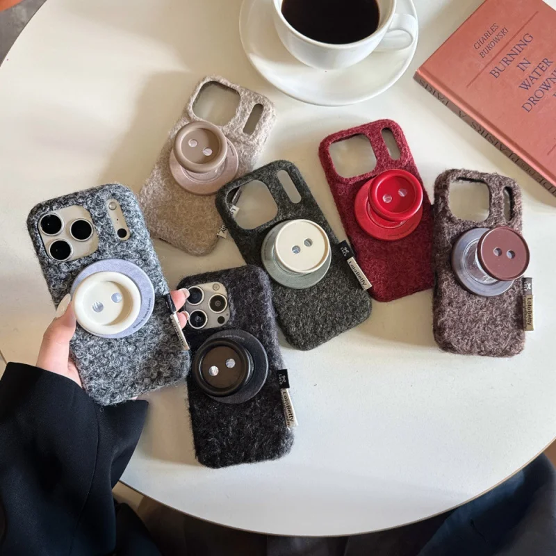 

Velvet Magnetic Button Stand Phone Case Suitable for Apple17/16PROCartoon Solid ColoriPhone15Anti-Fall14