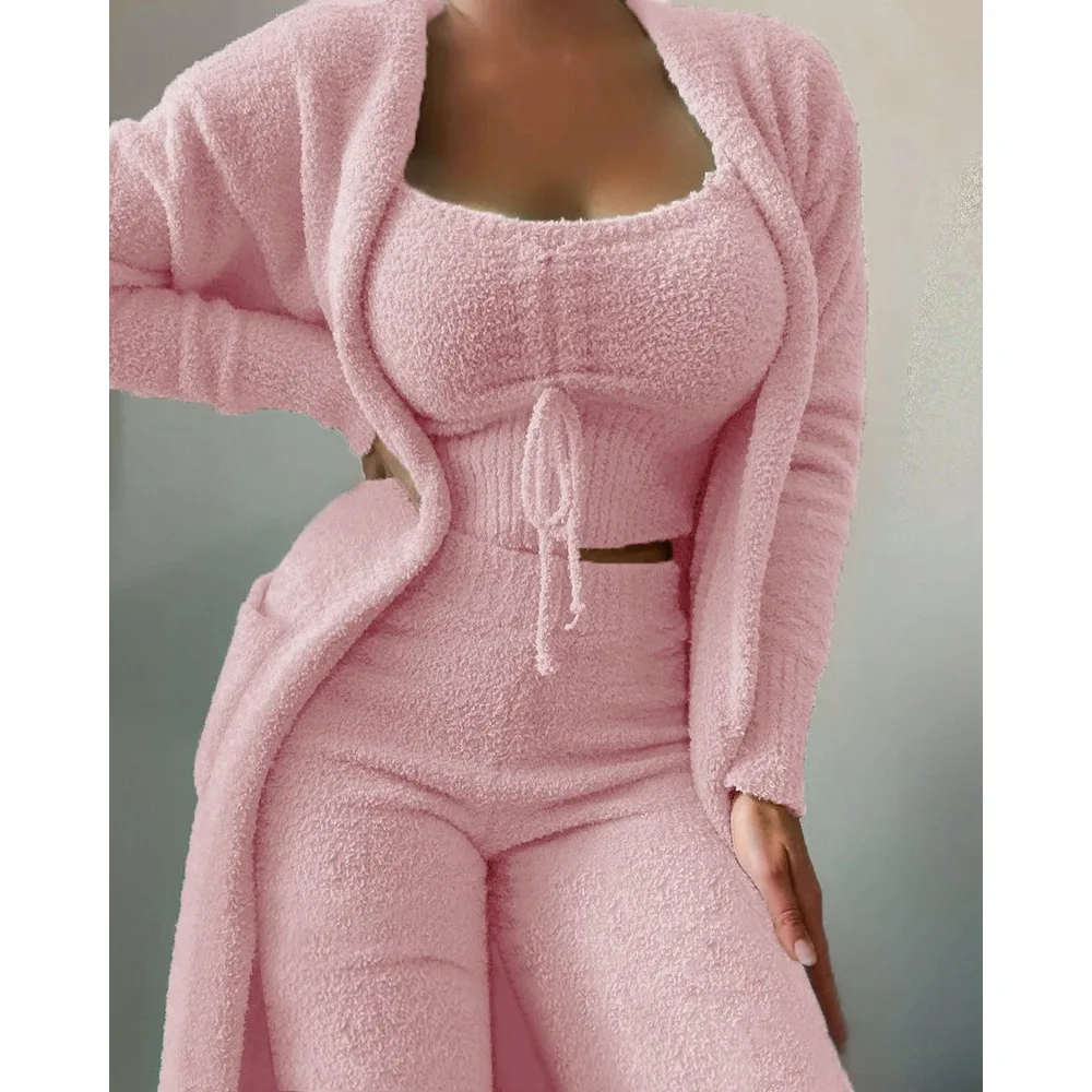 Pajama Woman Winter Plus Size S-3XL Fluffy Pajamas Set for Women Casual Solid Sleepwear 3 Pieces Suit Long Pants Homewear Pijama