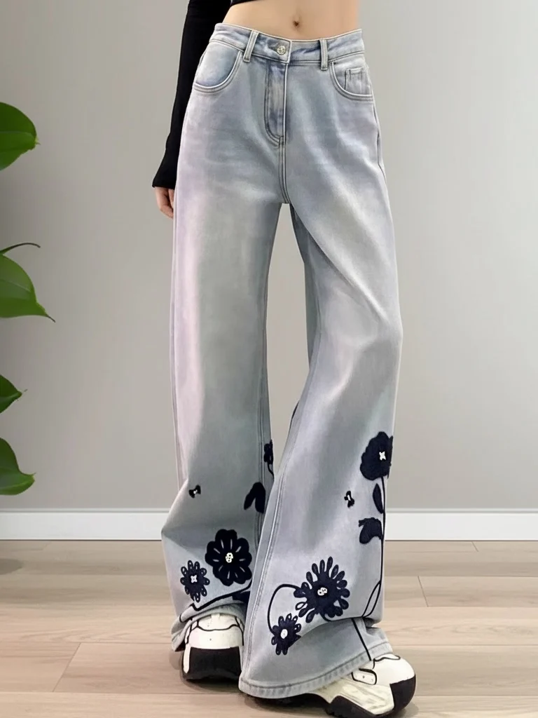 

Ele Embroidered Floral High Waist Wide Leg Jeans Straight Cut Slimming Women's Spring Faion Street Sle Casual Denim