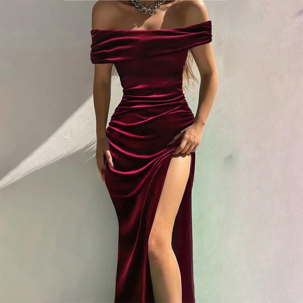 

Velvet Evening Dress Sleeveless Backless Prom Party Gowns Pleated Formal Dresses Side High Slit Stretch Draped Cocktail Gown