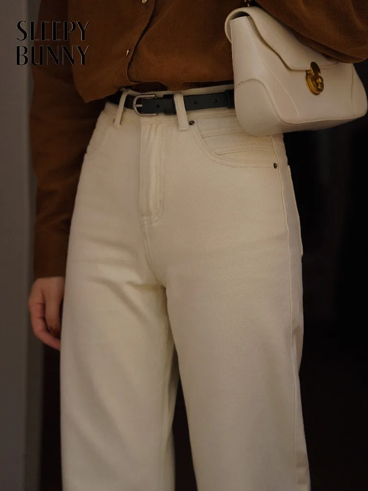 

Warm Stylish High Waist Fleece Lined Jeans Winter Straight Cropped Denim Pants Loose Slimming Casual Trousers for Women Outfit