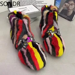 Womens Round Toe Rainbow Real Mink Fur Ankle Boots Snow Warm Winter Shoes Crystal Genuine Leather Thick Furry 6Colors