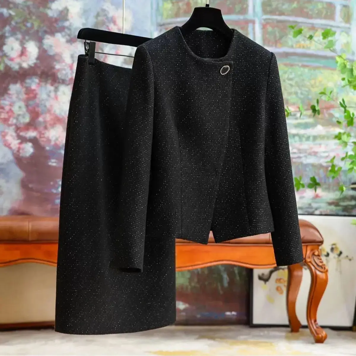 Women Elegant Tweed Black Suit Jacke Coat Top And Skirt Two Piece Set Matching Outfit Winter Fall Workwear Chic Sequin Clothes