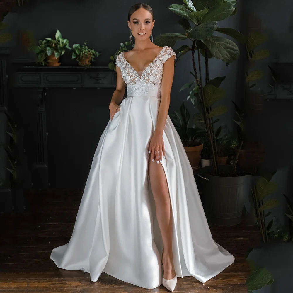 

Flavinke V Neck Satin Wedding Dresses Cap Sleeve Beading Applique Flowers Side Slit Bridal Gown Backless Vestido De Noiva 2025