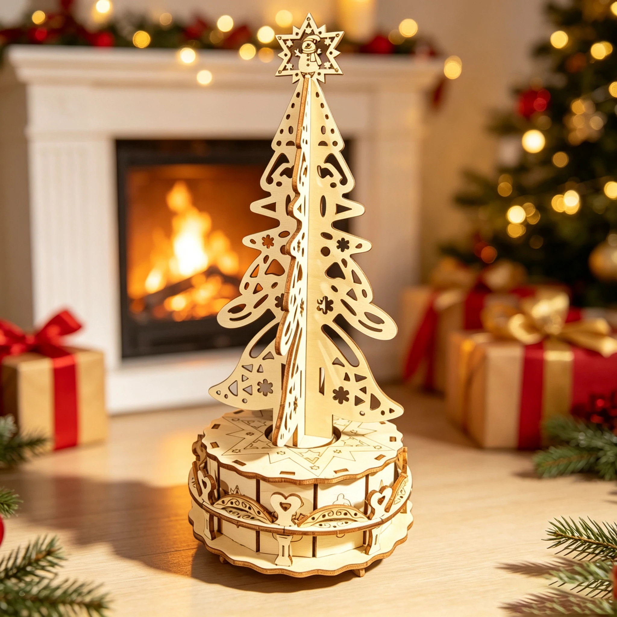 3D Wooden Christmas Tree Music Box Kit, DIY, Openwork Design, Rotating Base, Festive Decorative Ornament, Ideal Christmas Gift