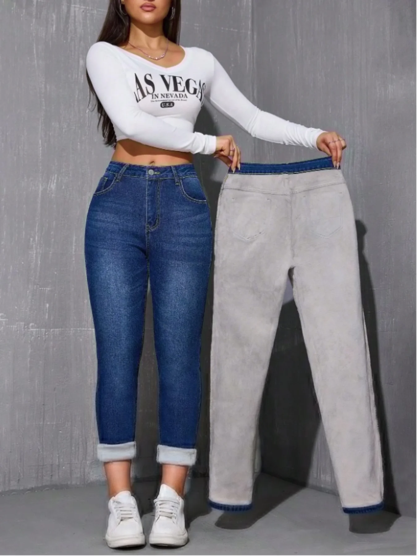 Women's Winter Fleece Lined Warm Jeans High Waist Skinny Stretch Slimming Pants Deep Blue Cuffed Design Comfortable Versatile Vi