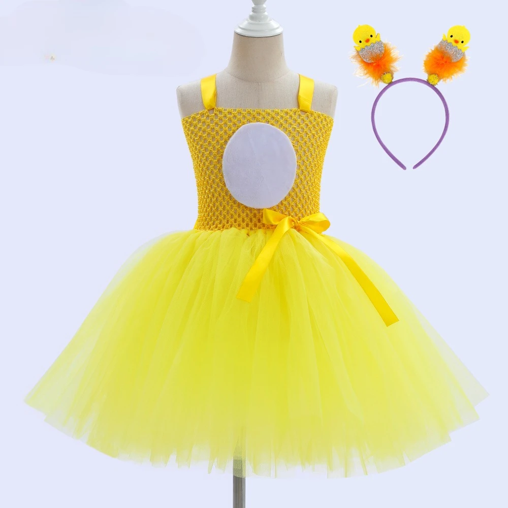 Cartoon Cute Yellow Chick Girls Tulle Puffy Dress With Same Themed Headband Outfit Kids Holiday Party Stage Performance Dress Up