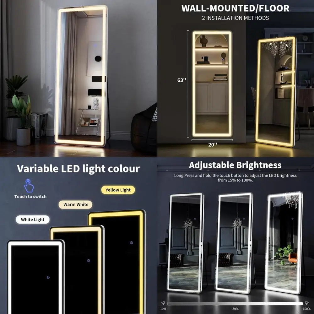 LED-verlichte vloerspiegel over de volledige lengte met instelbare helderheid en 3 kleurmodi voor slaapkamer, staand of aan de muur gemonteerd