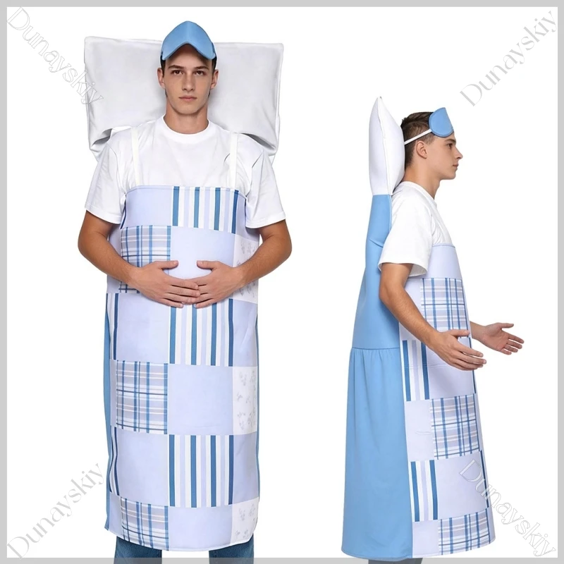 

Funny Hospital Bed Costume With Eye Mask Gag Prank Novelty Cosplay Patient Theme Party Blue Plaid Stripe Patchwork 145cm Length