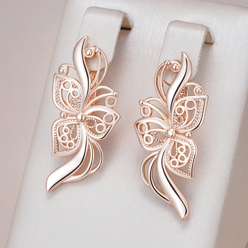 Kinel Hot Unique Glossy Long English Earrings for Women Fashion 585 Rose Gold Color Metal Flower High Quality Daily Fine Jewelry