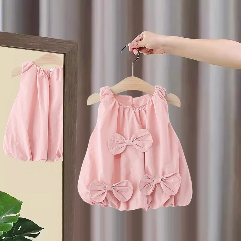 

Baby Girl Clothes Summer Bowknot Sleeveless Solid Color Simple Round Neck Girl Kid's Dress Cute Casual Gentle Baby Girl Dress