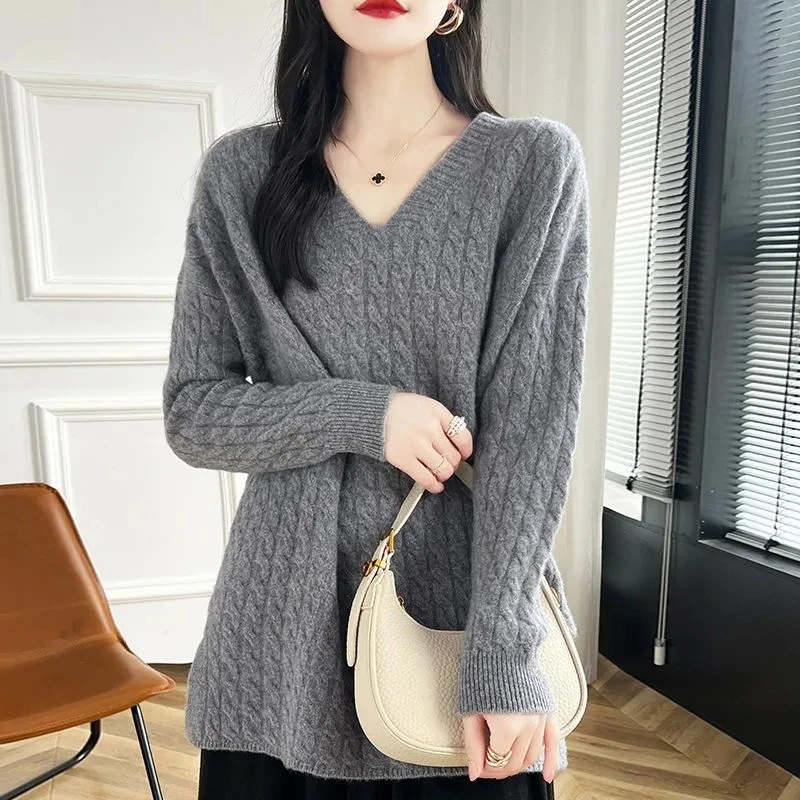 

Fashion Women's Knitted Sweater Pullover 2026 Spring Autumn Medium Long V-neck Versatile Knitwear Bottoming Shirt Korean Style