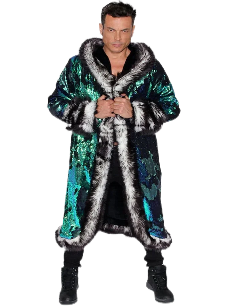 معطف فرو صناعي للرجال مقاس كبير ملابس إلكترونية LED ترتر للرجال ملابس طويلة بقلنسوة ملابس المهرجانات ملابس الحفلات