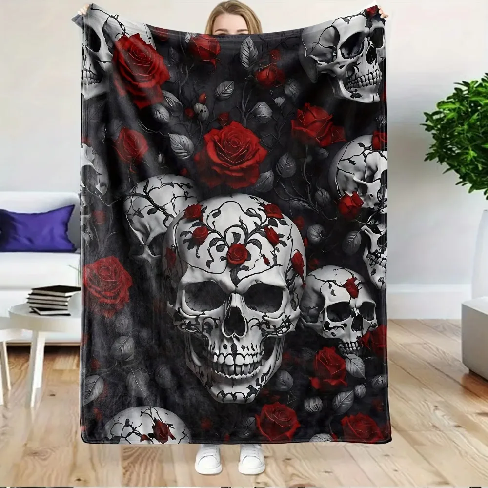 Dark Skeleton Rose Blanket Flannel Gothic Style Living Room Sofa Blanket Lunch Break Holiday Decoration Essential