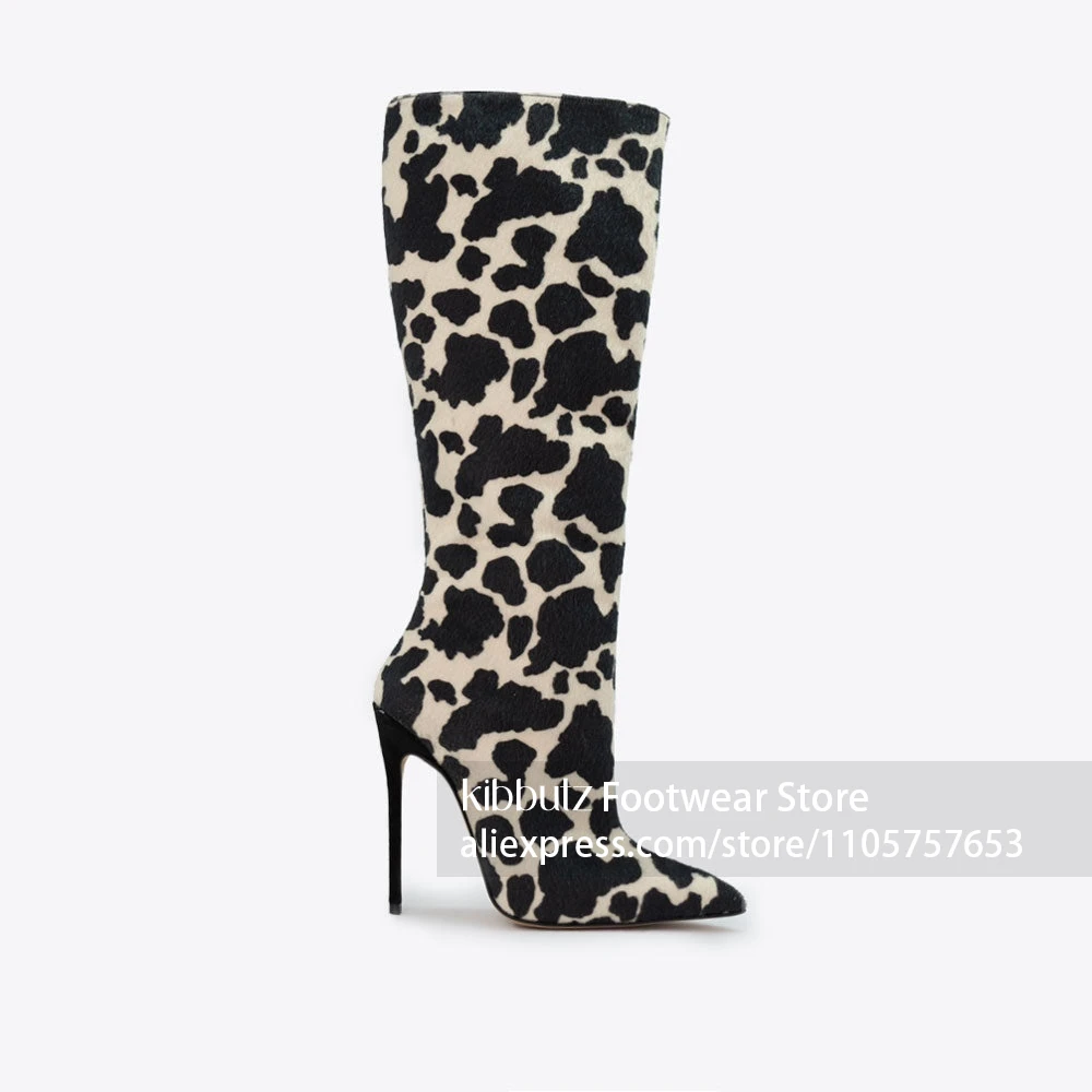 Tall Thin Black Stiletto Heel Boots Cow Spotted Pattern High Heel Knee Boots Slip On Sexy Knee High Shaft Pointed Toe Boots