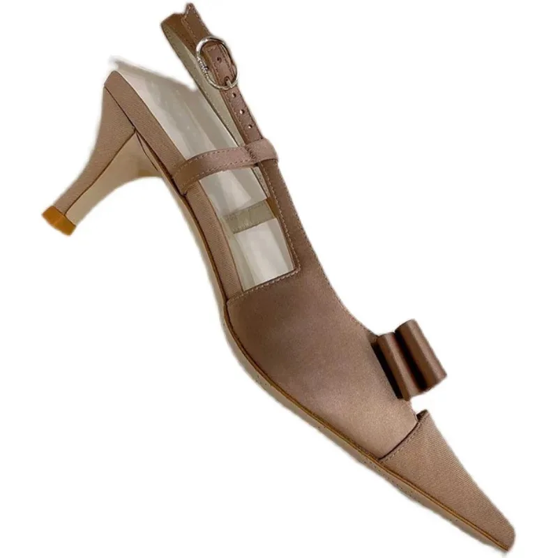 Women's 2026 Nude Satin Pointed Toe Bow Slingback Stiletto Heels Pumps Elegant Wedding Party Daily Ladies Summer Dress Shoes