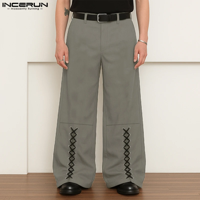 

INCERUN Men Pants Solid Color Button Lace Up Loose Casual Trousers Men Streetwear Joggers 2025 Fashion Leisure Male Long Pants