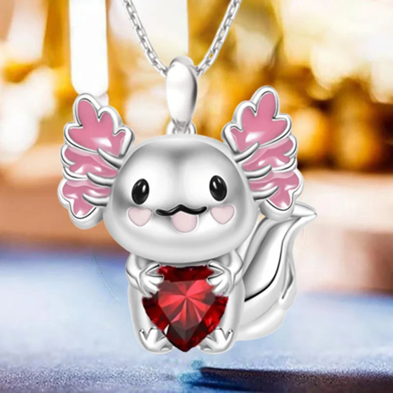 Girls Fashion Cartoon Embrace Pink Love Black Eyed Salamander Little Dragon Man Women\'s Necklace Pendant Birthday Gift Jewelry