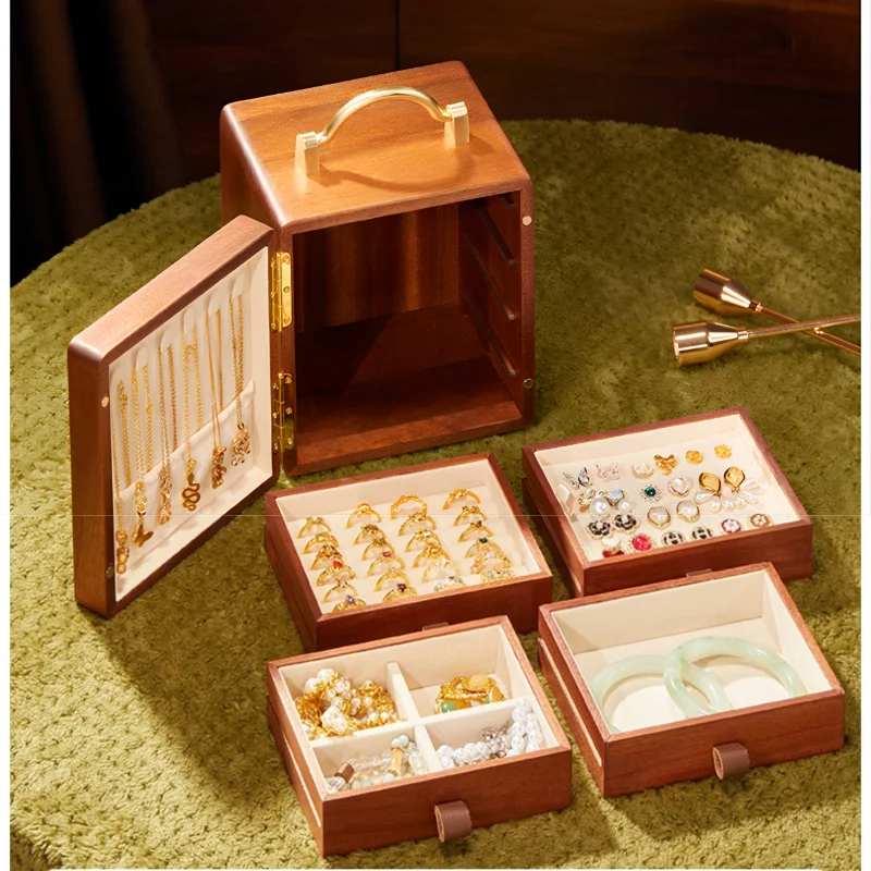 Wooden Jewelry Storage Box Retro Jewelry Organizer Boxes Women's Necklace Collection Case Desktop Earring Bracelet Storage Cases