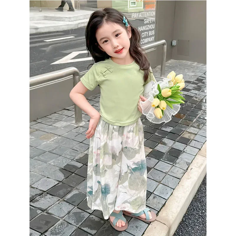 

Children Solid Color Top Printed Wide Leg Pants Sets Baby Fashion Casual Loose 2-Piece Girls Sweet Suit 2-8 Years Summer 2024