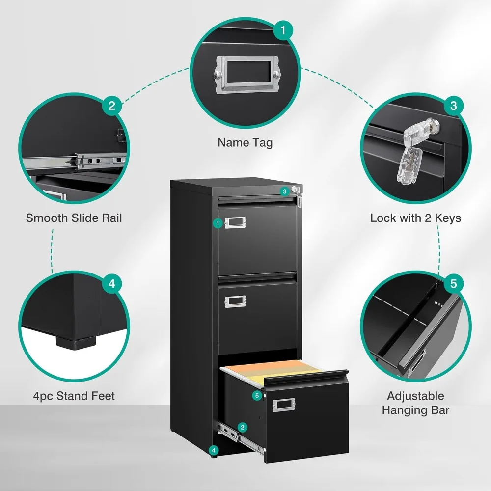 Narrow Vertical Three-Drawer Metal File Cabinet with Lock, Secure Storage for Small Black Filing Needs