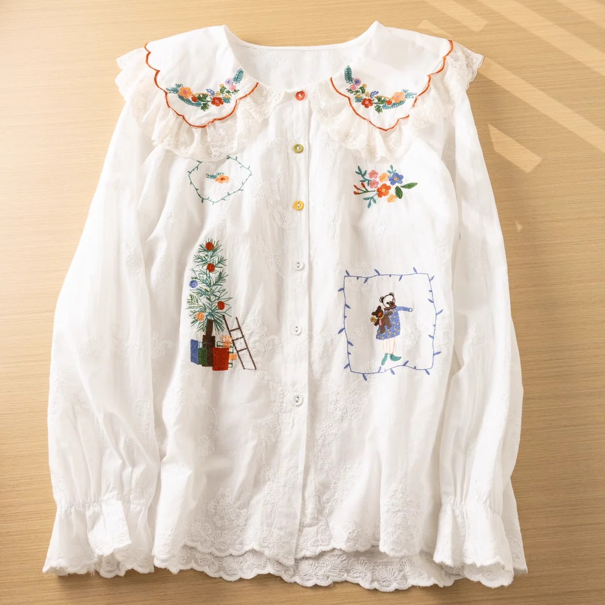 Japan Style Mori Girl Sweet Lace Patchwork Christmas Tree Embroider Shirts and Blouses Long Sleeve Tops Lolita Cute Clothing