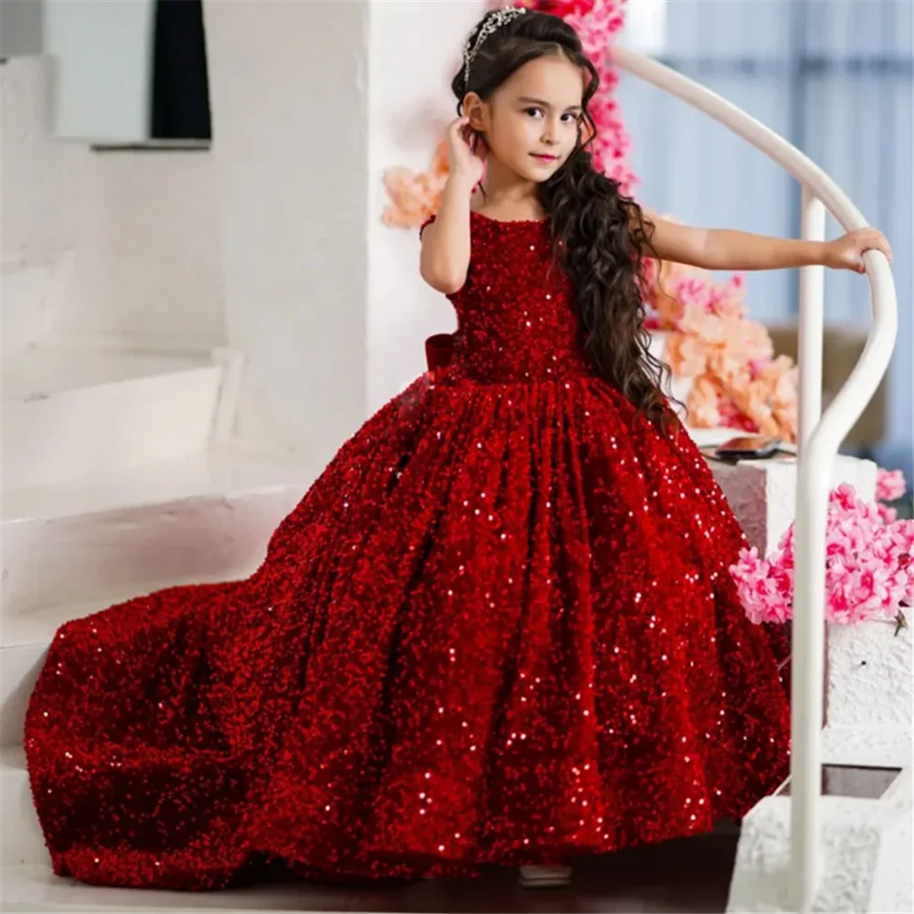 Burgundy Flower Girl Dresses Sequin With Bow And Trailing Sleeveless For Wedding Prom Birthday Party Banquet Princess Gowns
