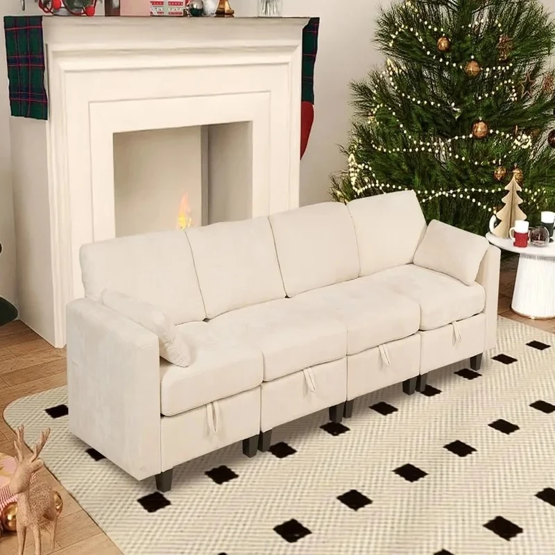 Modular Chenille Cloud Couch with Storage and Movable Ottoman for Living Rooms, 4 Seats
